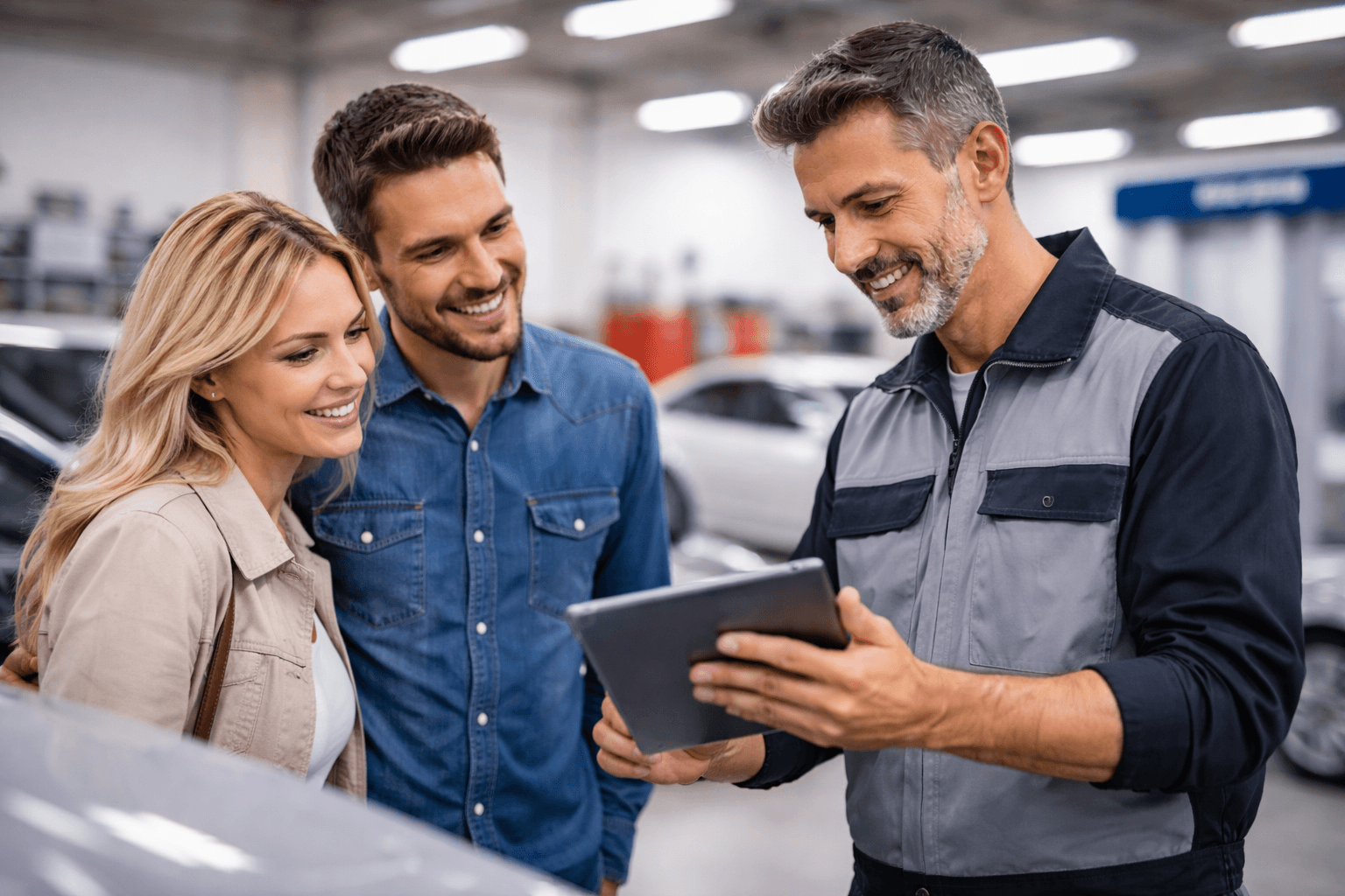 Mechanics evaluating car repair